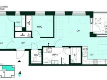 Toimivapohjainen kolmio, jossa kaksi makuuhuonetta, avara olohuone–keittiö ja lasitettu parveke (3h+kt+s, 65,5 m²).