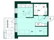 1h+kt, 28,0 m² – Kompakti yksiö, jossa alkovi ja oma pieni piha.