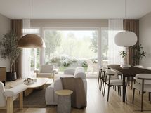 Luonnoskuva asuntomallin 104 m2 olohuoneesta