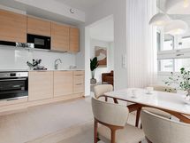 Digistailattu asunto A 04 - Tyylikkäässä Puustellin keittiössä on laadukkaat Electroluxin kodinkoneet ja runsaasti säilytystilaa.