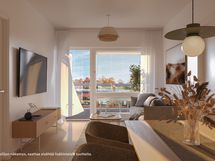 Visualisointikuvassa taiteilijan näkemys 5. kerroksen asunnon olohuoneesta.