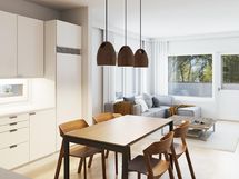 53 m² asunnon keittiö ja olohuone (havainnekuva)