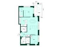 3h+kt+khh+s, 77,0 m². Kolmio, jossa sauna, kodinhoitohuone ja lasitettu parveke.