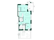 3h+kt+khh+s, 77,0 m². Kolmio, jossa sauna, kodinhoitohuone, lasitettu parveke ja kattoterassi.