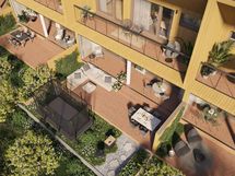 Visualisointikuva rivitalokodin B 07 (5h+kt+s, 135,5 m²) asuntopihasta