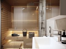 Visualisointikuvassa taiteilijan näkemys asunnon B79 kylpyhuoneesta. Osa saunan tuotteista lisähintaisia muutostöitä osassa yhtiön asuntoja.