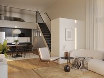 Asunto C71. Olohuoneessa korkeaa tilaa. Taustalla keittiö ja 11,5 m² parvi. Taiteilijan näkemys.
