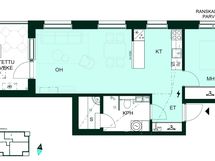 Toimiva kaksio, jossa avara olohuone–keittiö, makuuhuone, sauna sekä lasitettu parveke (2h+kt+s, 53,5 m²).