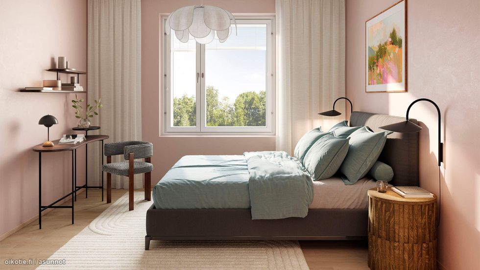 Visualisointi 82-neliöisestä ylimmän kerroksen perheasunnosta (E58, 4h+kt).