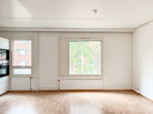 Olohuoneen ja keittiön ikkuna on metsäisen takapihan puoleen.