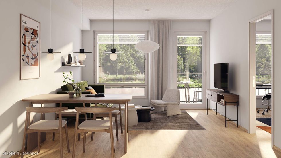 Alustava visualisointi 1. kerroksen vastaavasta 42,5-neliöisestä kodista (2h+kt)