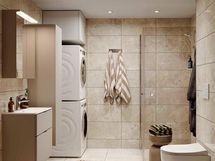 Lisähintainen kylpyhuonetyyli Kuohu. Visualisoinnissa lisäksi valittuna hiekan värinen allaslaatikosto, peilikaappi ja pyykkikaappi sekä pesutorni. Kuvasta poiketen kylpyhuoneissa on 10x10 cm kokoinen lattialaatta.