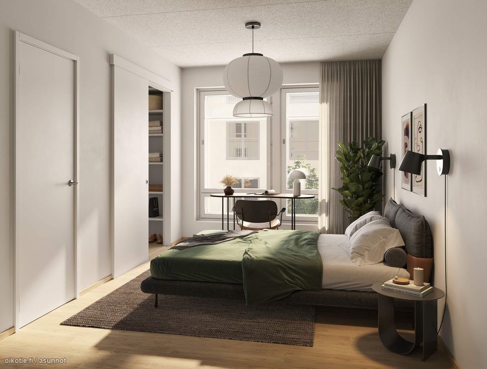 Alustava visualisointi 4. kerroksen vastaavasta 74-neliöisestä kodista (3h+kt+s)