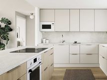 Luonnoskuva asuntomallin 104 m2 keittiöstä