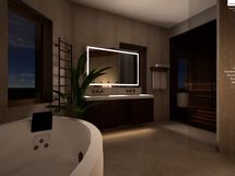 Alakerran spa-osasto virtuaaliremontoitu vaihtoehtoinen ratkaisu (yökuva).