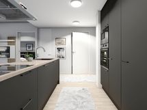 42 m² asunnon keittiö, musta sisustusmaailma (havainnekuva)