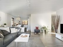 Avara olohuone yhdistyy ruokailutilaan