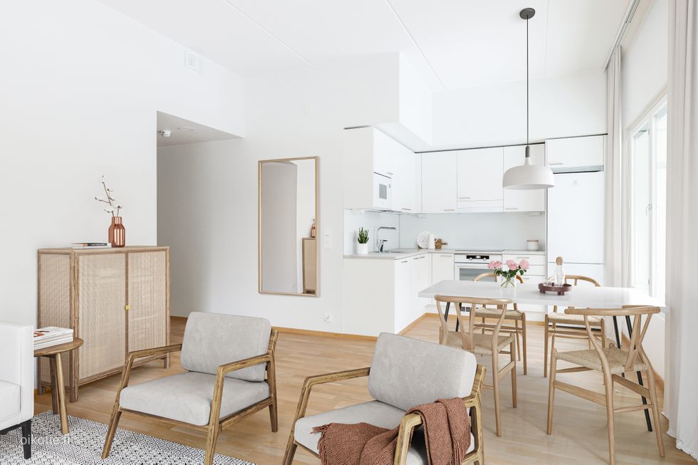 Visualisointikuva huoneiston C 93 keittiö-olohuoneesta.