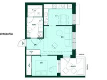 2h+kt+s, 52,5 m². Vaihtoehtopohjassa keittiön ja olohuoneen väliin voidaan toteuttaa väliseinä.