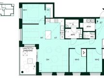 Tilava kolmio, jossa kolme makuuhuonetta, avara olohuone–keittiö, sauna, erillinen WC ja lasitettu parveke (4h+kt+s, 93,5 m²).