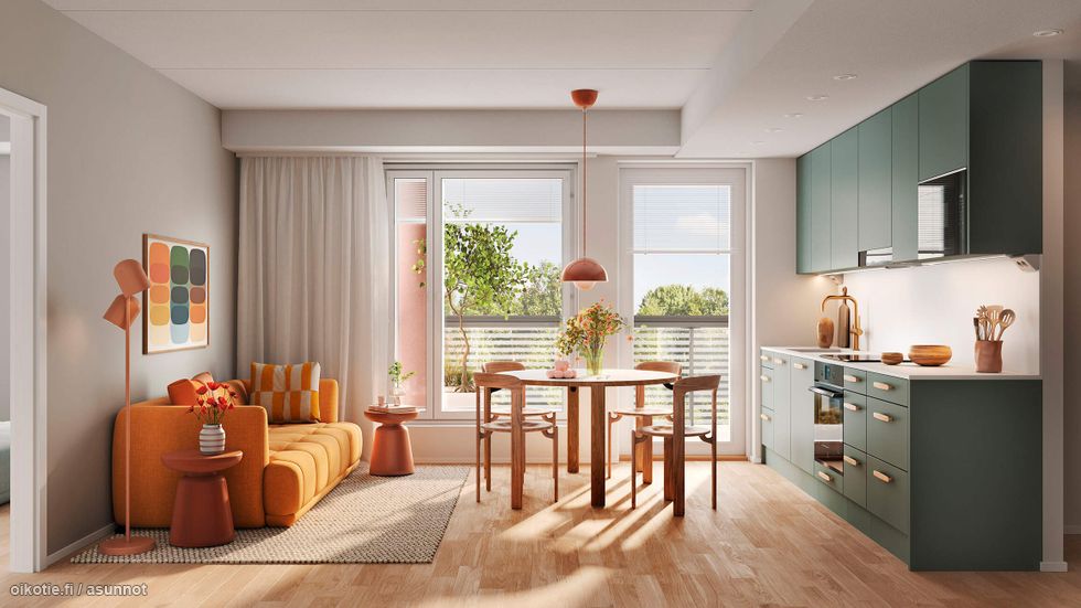 Visualisointi 46,5-neliöisestä kaksiosta (asunnot D7 ja D14, 2h+kt).