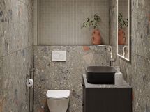 Visualisointikuva Kivinen hiekka -tyylillä sisustetusta erillis-wc:stä