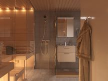 Havainnekuva sauna ja kylpyhuone, asunnot A31 ja A35. Taiteilijan näkemys.
