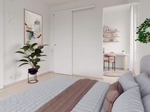 Digistailattu asunto A 08 - Makuuhuoneen yhteydessä on pieni työtila ja vaatehuone.