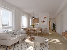 Havainnekuva asunto A40. 3h+kt. 74 m2. Olohuone-keittiö. Taiteilijan näkemys.