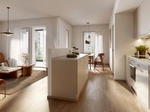 Visualisointikuvassa taiteilijan näkemys 73,5 m2 asunnon B42 keittiöstä.