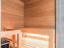 Valokuva asunnosta B 37 - Saunan lauteet ovat tervaleppää, ovi ja seinä kirkasta lasia.