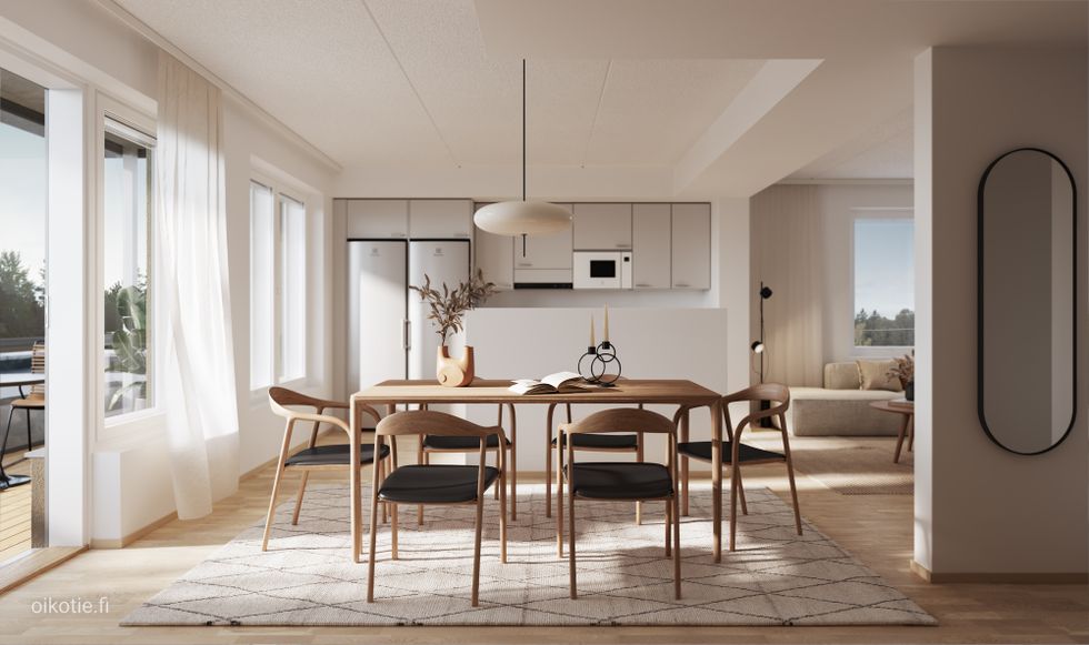 Visualisointikuvassa taiteilijan näkemys 6. kerroksen asunnosta C126 kooltaan 88,0 m2. Osa keittiön laitteista ovat lisähintaisia muutostöitä.