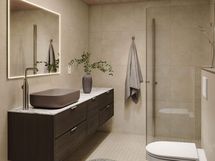 Visualisointikuva Aavikko-tyylillä sisustetusta kylpyhuoneesta