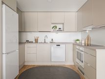 Keittiö toisesta asunnosta visualisoimassa  myytävän asunnon keittiön värimaailmaa.