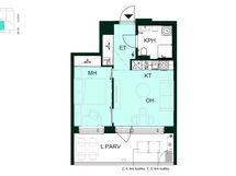 Kaksio, jossa makuuhuone, avokeittiö-olohuone, kylpyhuone ja lasitettu parveke.