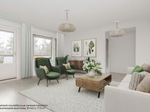 Digitaalisesti sisustettu kuva viereisen taloyhtiön vastaavanlaisesta asunnosta, 3h+kt+s, 77,0 m²