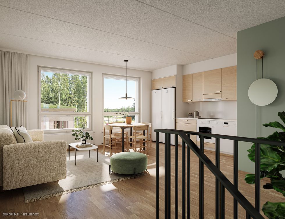 Visualisointikuvassa taiteilijan näkemys 2.-3. kerroksen 84,5 m² asunnon B29 yläkerrasta.