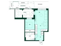 2h+kt, 44,0 m². Kaksio, jossa suuri lasitettu parveke ja asukaspiha.